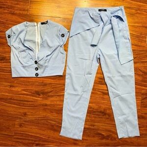 CBR Womens Light Blue Crop Blouse + Tie Front High Waist Crop Trouser Set Size M